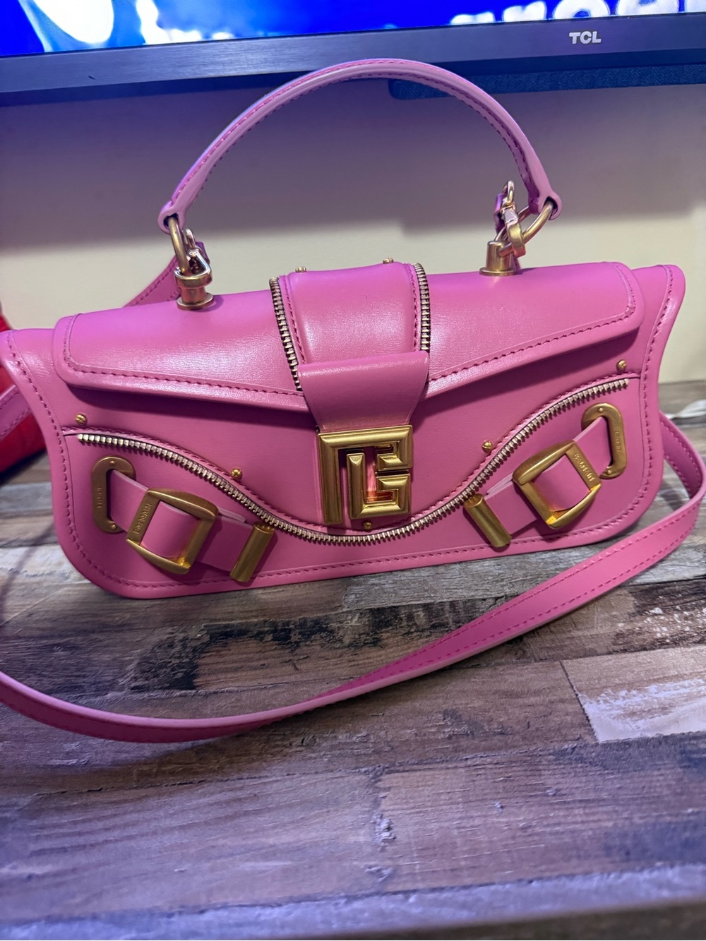 Balmain Pink Leather Top-Handle Shoulder Bag with Gold Hardware